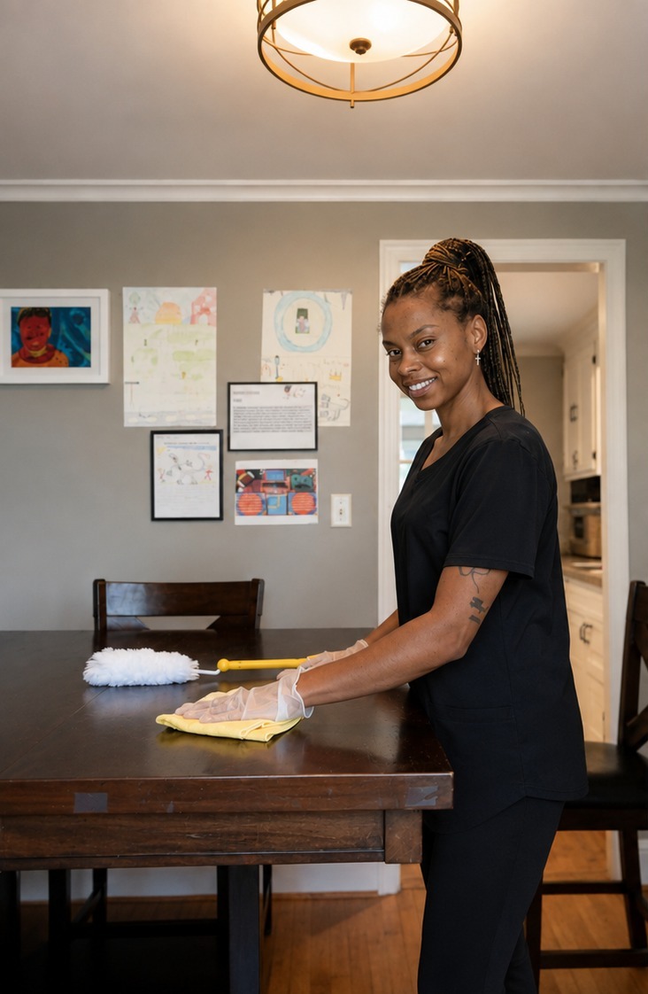 Jennifer, owner of Jennifer Cleaning Service, dusting a dining table in a Hartford area home
